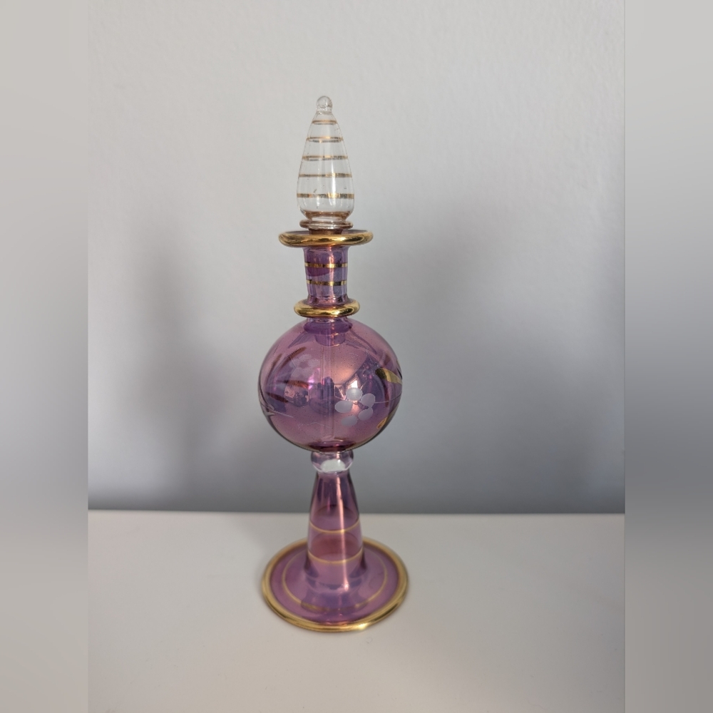 Egyptian Mouth Blown Purple Glass Perfume Bottle 18K Gold Accents 6.5"